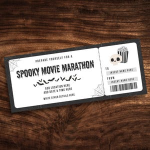 Bearbeitbare Scary Movie Ticket-Vorlage, benutzerdefinierter Halloween-Film-Marathon-Coupon, druckbare Gruselfilmnacht-Geschenkgutschein PDF