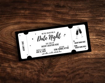 Op de afbeelding: Een rechthoekige date night ticket voucher met een zwarte rand en een wit midden. Het bevat de tekst "WE'RE ENJOYING A Date Night", "ADMIT ONE", "SEE YOU AT INSERT LOCATION HERE", "DATE & TIME AUG 15, 20XX", "ATTIRE SEMI-FORMAL ATTIRE", "TO: INSERT NAME HERE", "FROM: INSERT NAME HERE" en twee champagneglazen.