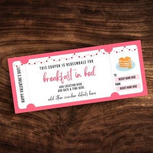 Bewerkbare Valentijnsdagbon voor ontbijt op bed, afdrukbare kaartsjabloon ontbijt op bed, aangepaste ontbijt op bed cadeaubon pdf