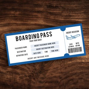 Editable Boarding Pass Template, Printable Plane Ticket, Personalized Travel Gift, Digital Download