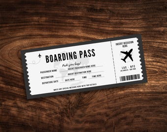 Bearbeitbare Bordkartenvorlage, druckbare Flugticket, personalisiertes Reisegeschenk, digitaler Download