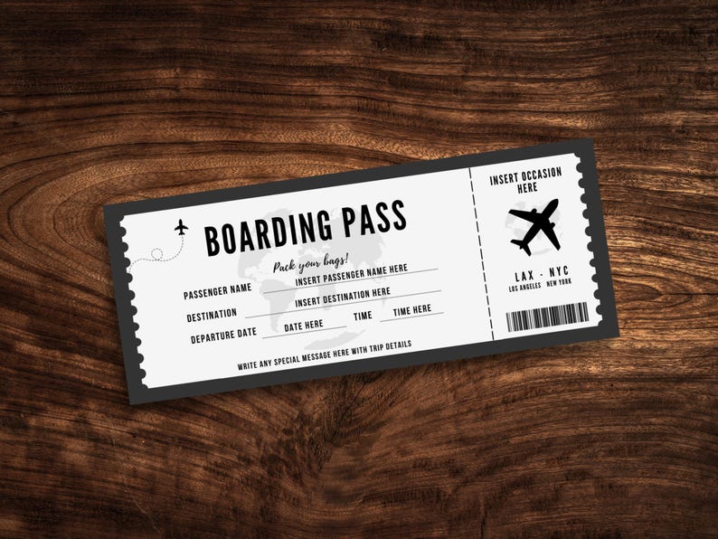 boarding pass coupon with the words "pack your bags" as a title with plane graphic. includes other information such as location, date, and to/from. it is a white colored voucher with a black border located on a wooden backdrop.