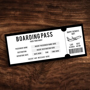 Modelo de cartão de embarque editável, passagem aérea para impressão, presente de viagem personalizado para o Dia dos Pais, download digital