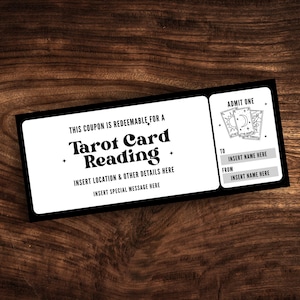 Cupón de lectura de cartas del tarot editable, plantilla de ticket de lectura de tarot espiritual personalizado, certificado de regalo psíquico imprimible en formato PDF