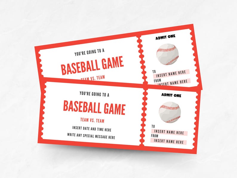 Editable Baseball Game Ticket Template, Printable Baseball Ticket