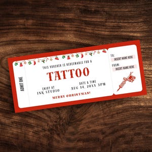 Tattoo Ticket Geschenkgutschein, bearbeitbare Weihnachtsgeschenkgutscheinvorlage, benutzerdefinierter Urlaub Tattoo Coupon druckbare PDF