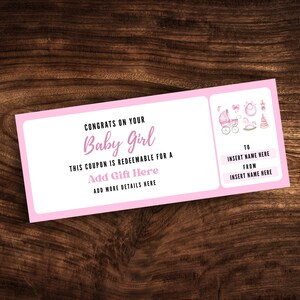 Bearbeitbare Baby Mädchen Geschenkgutschein Vorlage, Benutzerdefinierte Geschenkgutschein für glückliche erste Tochter, personalisierte Babyparty Geschenkkarte PDF