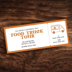 Afdrukbare couponsjabloon foodtrucktour, bewerkbare ticketsjabloon foodtruck festival, pdf-cadeaubon aangepaste foodtruck-cadeaubon