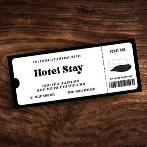 Plantilla de cupón de estadía en hotel editable, vale de regalo sorpresa de hotel personalizado, boleto de estadía en hotel imprimible en formato PDF