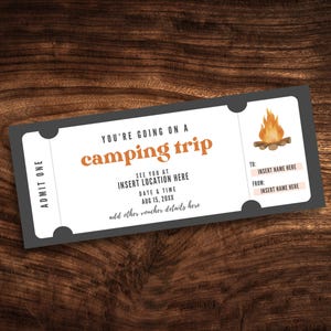Bearbeitbarer Camping Trip Coupon, Benutzerdefinierter Camping Abenteuer Geschenkgutschein, Digitale Wilderness Camp Ticket Vorlage PDF