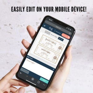 May include: A smartphone displays a movie night ticket template on its screen. The text "EASILY EDIT ON YOUR MOBILE DEVICE!" is at the top. The phone is held in a person's hand. The screen shows the website "corjl.com".