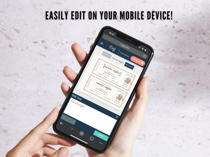 May include: A smartphone displays a movie night ticket template on its screen. The text "EASILY EDIT ON YOUR MOBILE DEVICE!" is at the top. The phone is held in a person's hand. The screen shows the website "corjl.com".