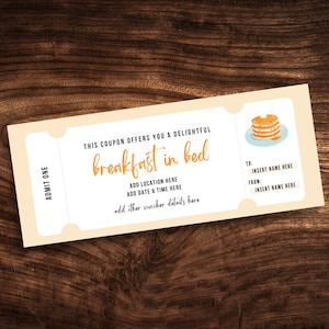 Bewerkbare coupon voor ontbijt op bed, afdrukbare kaartsjabloon voor ontbijt op bed, aangepaste pdf-cadeaubon voor ontbijt op bed