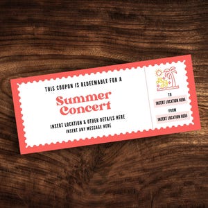 Benutzerdefinierte Sommer-Konzertticket-Vorlage, druckbare Outdoor-Konzertkarte, Überraschungs-Live-Musik-Geschenkgutschein PDF