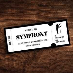 Benutzerdefinierte Symphonie Ticket Vorlage, druckbare Orchester Ticket Coupon, Überraschung Live Show Geschenkgutschein PDF