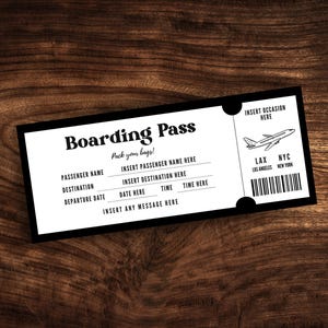 Modèle de carte d'embarquement modifiable, billet d'avion imprimable, cadeau de voyage personnalisé, téléchargement numérique