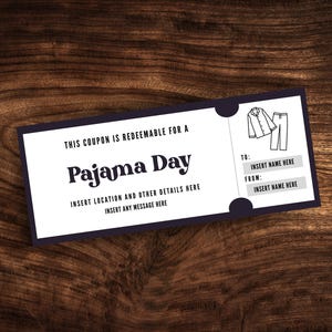Bearbeitbare Pyjama-Tages-Coupon-Vorlage, benutzerdefinierte PJ-Ganztags-Einladung, druckbare Schul-Pyjama-Tageskarte PDF