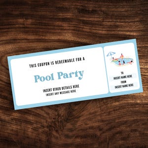 Editable Pool Party Coupon, Printable Summer Pool Party Invitation, Personalized Pool Party Invite Ticket Template PDF
