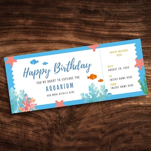 Custom Aquarium Ticket Template, Editable Aquarium Visit Coupon, Surprise Aquarium Trip Invitation PDF