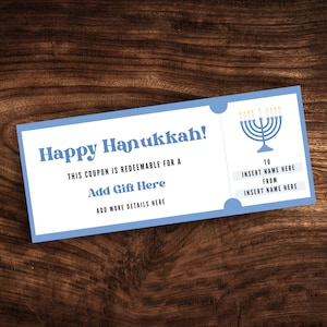 Editable Hanukkah Gift Certificate Template, Custom Happy Hanukkah Gift Coupon, Personalized Chanukah Present Ticket PDF