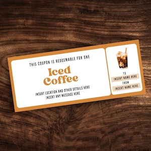 Bearbeitbarer Eiskaffee-Coupon, druckbare Eiskaffee-Kartenvorlage, benutzerdefinierter Coffee-Shop-Geschenkgutschein PDF