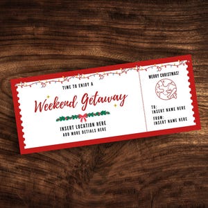 Modèle modifiable de coupon pour une escapade de week-end de Noël, bon personnalisé pour un séjour dans un hôtel surprise, billet de voyage de week-end de vacances imprimable PDF