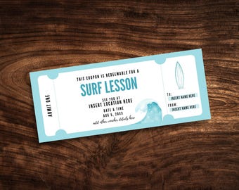 Editable Surf Lesson Coupon, Custom Surfing Lessons Ticket Template, Printable Surf Trip Gift Certificate PDF