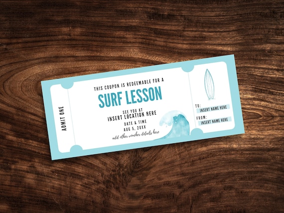 Editable Surf Lesson Coupon, Custom Surfing Lessons Ticket Template, Printable Surf Trip Gift Certificate PDF Australia