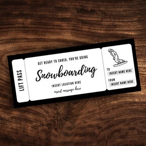 Bearbeitbare Snowboard-Liftticket-Vorlage, benutzerdefinierter Snowboard-Trip-Coupon, personalisierte Snowboard-Einladungs-PDF