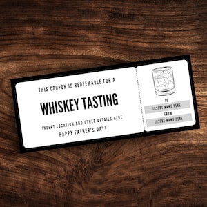 Mall för utskrivbar kupong för whiskyprovning, redigerbar mall för whiskydestilleribiljett, anpassat presentkort för fars dag i PDF-format