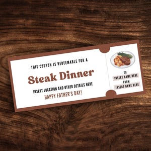 Bearbeitbarer Steak-Dinner-Coupon, druckbare Hausgemachte-Mahlzeit-Vatertagskartenvorlage, benutzerdefinierter Steak-Restaurant-Geschenkgutschein PDF