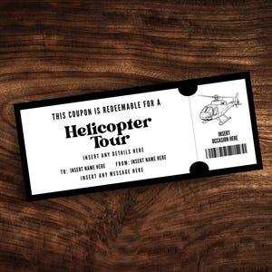 Modelo de ingresso para passeio de helicóptero editável, cupom de cartão de embarque para passeio de helicóptero para impressão, certificado de presente de helicóptero personalizado em PDF
