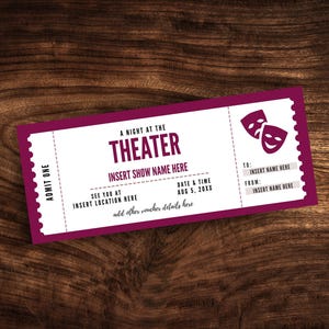 Benutzerdefinierte Theaterticket-Vorlage, druckbare Play Show Ticket Coupon, Überraschungstheater Geschenkgutschein PDF