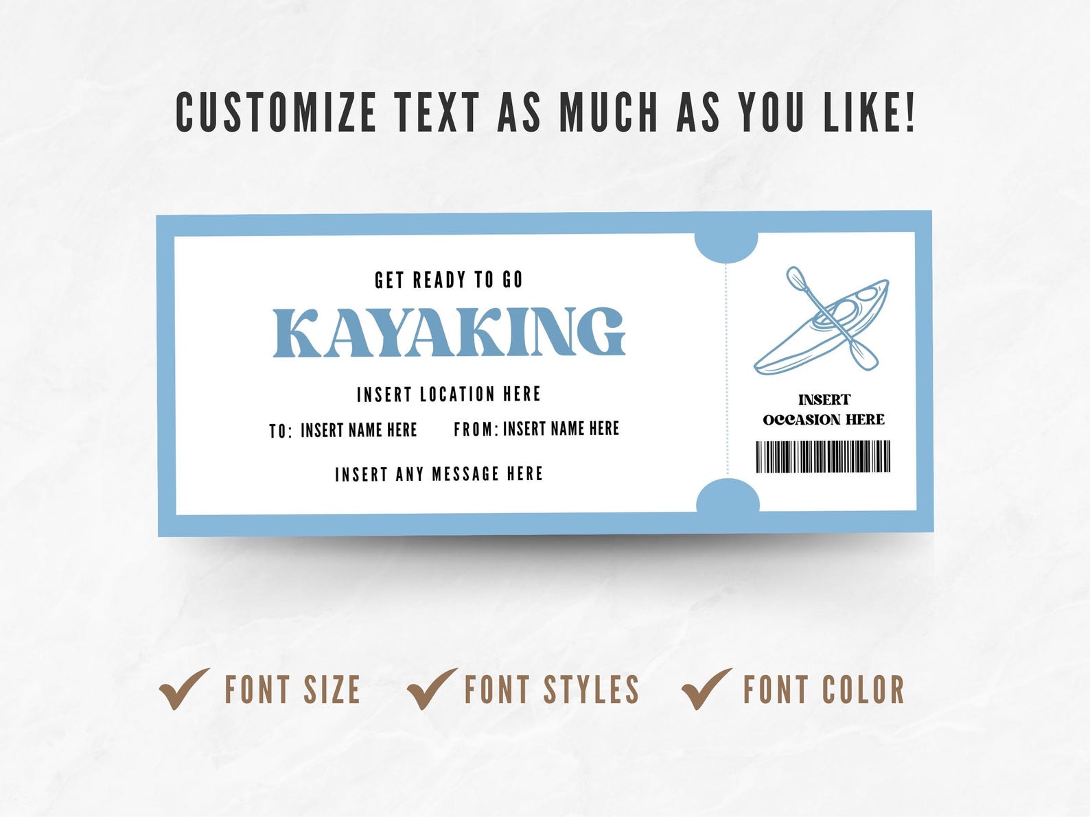 Editable Kayaking Coupon, Custom Kayak Tour Ticket Template, Printable ...