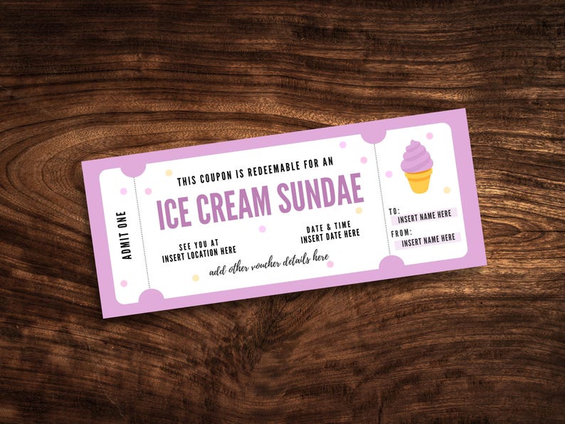 Editable Ice Cream Sundae Coupon, Custom Ice Cream Date Gift