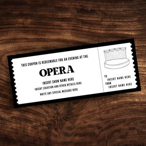 Szablon niestandardowego biletu do opery, wydrukowany kupon na bilet na przedstawienie operowe, niespodziewany bon upominkowy do teatru operowego w formacie PDF