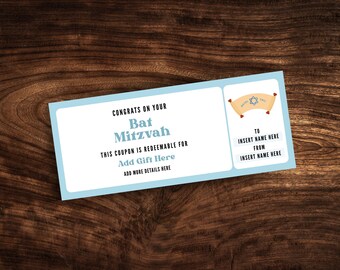 May include: A light blue coupon with the text "CONGRATS ON YOUR Bat Mitzvah". The coupon is redeemable for a gift and has space to insert names. A scroll with a Star of David is on the right.