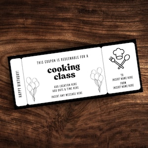 Printable Cooking Class Coupon Template, Editable Cooking Class Ticket Template, Custom Cooking Lessons Birthday Gift Certificate PDF