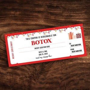 Plantilla editable de cupón de botox para vacaciones, certificado de regalo de Navidad con boleto de botox personalizado, PDF imprimible de Navidad con inyección de spa médico sorpresa