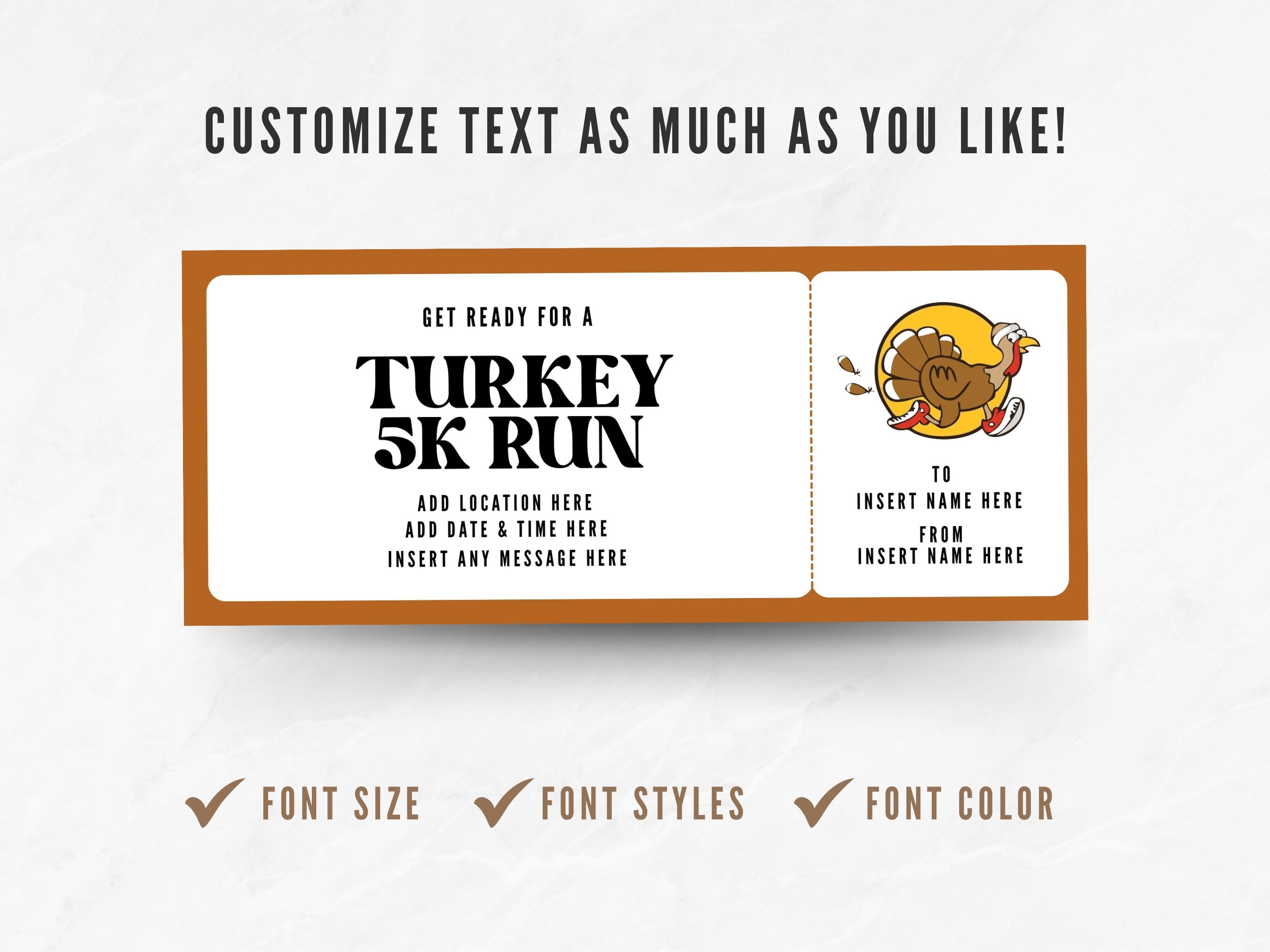 editable turkey 5k run ticket template, custom thanksgiving 5k