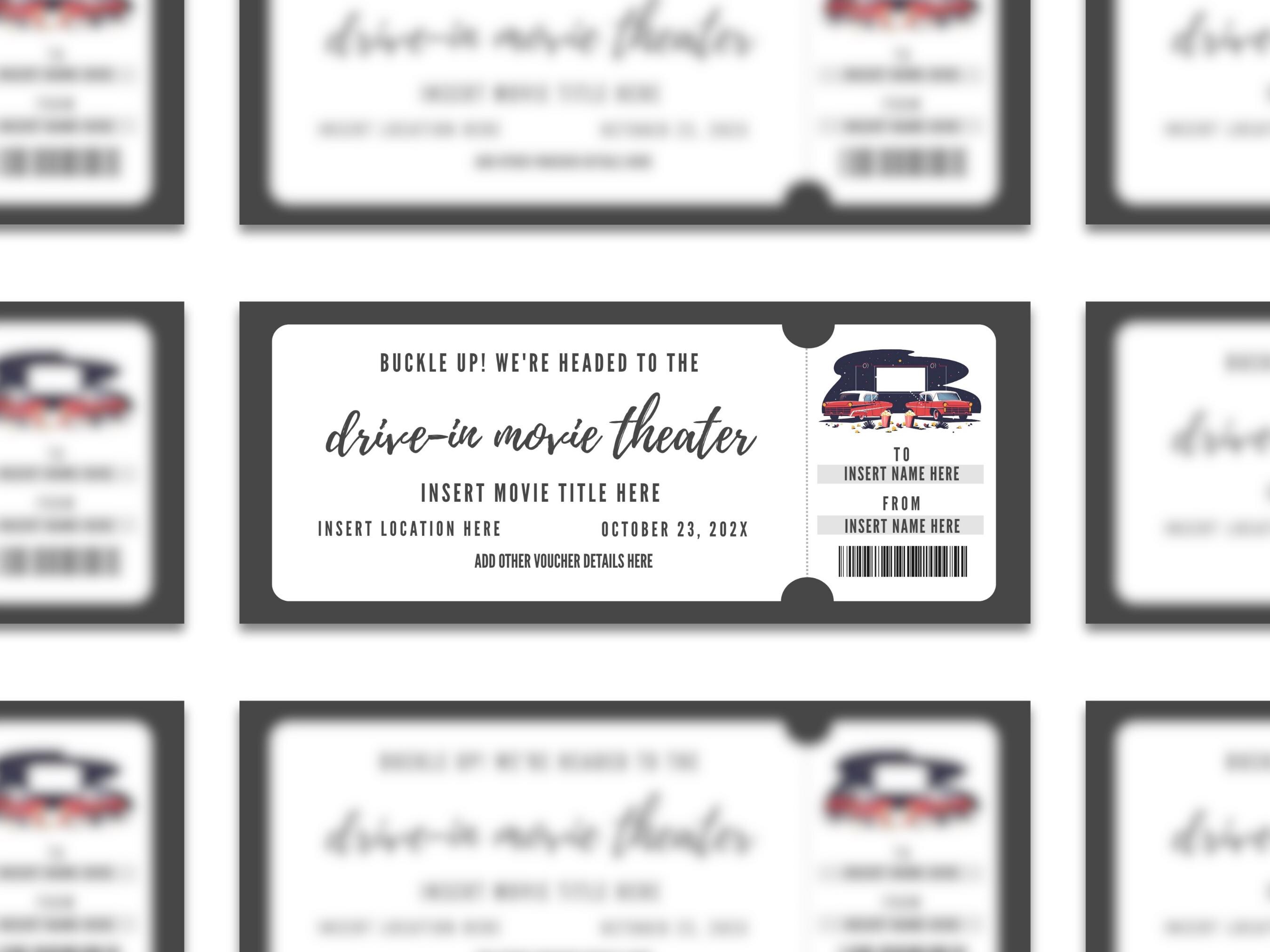 Editable Drive-in Movie Theater Ticket Template, Custom Drive-ins Movie ...