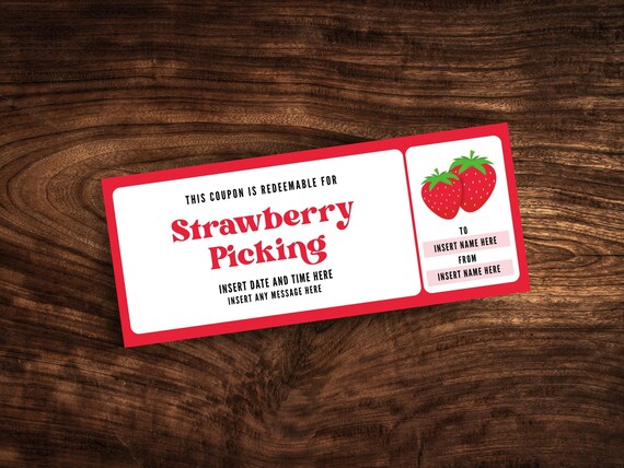 カスタムいちご狩りチケットテンプレート、印刷可能ないちご農園