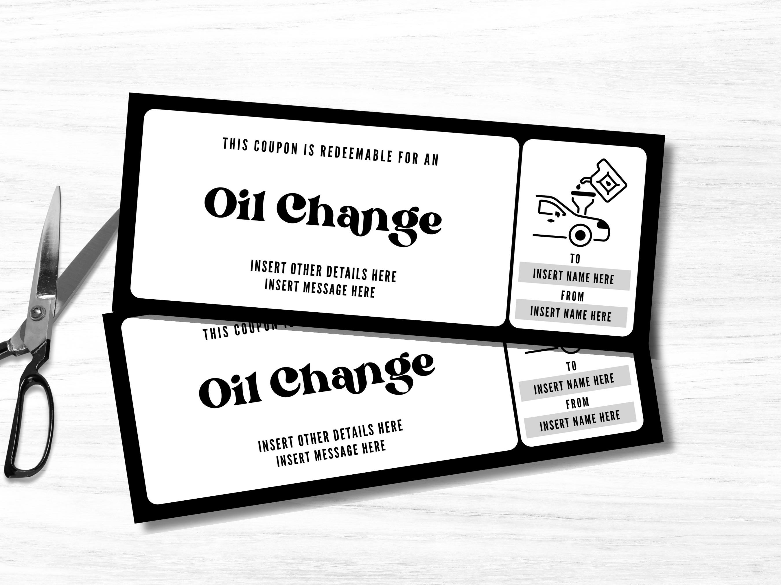 Editable Oil Change Coupon Template, Custom Car Oil Change Ticket