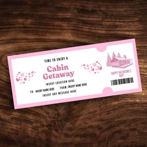 Modello di coupon modificabile per una vacanza in baita, regalo di San Valentino personalizzato per una baita accogliente, biglietto stampabile per un viaggio di fine settimana in baita nel bosco in formato PDF