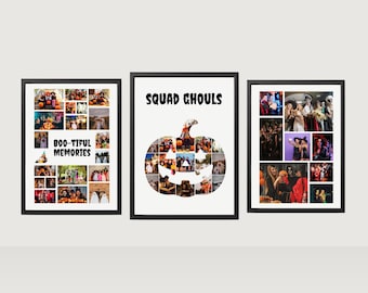 Modèle modifiable de collage photo Jack-o-Lantern, collage photo Halloween personnalisé imprimable, décoration murale numérique automne effrayant PDF