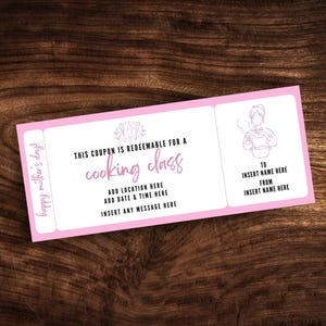 Printable Cooking Class Coupon Template, Editable Cooking Class Ticket Template, Custom Cooking Lessons Mother&#39;s Day Gift Certificate PDF