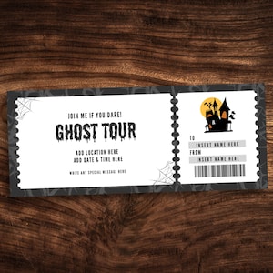 Bearbeitbarer Ghost Tour Coupon, benutzerdefinierte gruselige Ghost Tour Ticketvorlage, druckbarer Halloween-Geschenkgutschein PDF