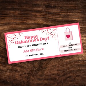 Puede incluir: Cupón imprimible rosa con un diseño de bolsa de compras en forma de corazón. Dice "¡Feliz Día de Galentine!" y "Este cupón es canjeable por un Agregar un regalo aquí. Agregar más detalles aquí." También tiene espacio para escribir "Para" y "De".