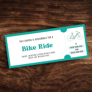 Modèle de coupon modifiable pour une balade à vélo, bon personnalisé pour une balade à vélo, modèle de billet imprimable pour une sortie en vélo de montagne PDF