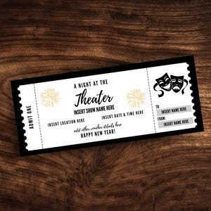 Modèle de billet de théâtre personnalisé, coupon de billet de pièce de théâtre imprimable, chèque-cadeau de théâtre surprise pour le Nouvel An PDF